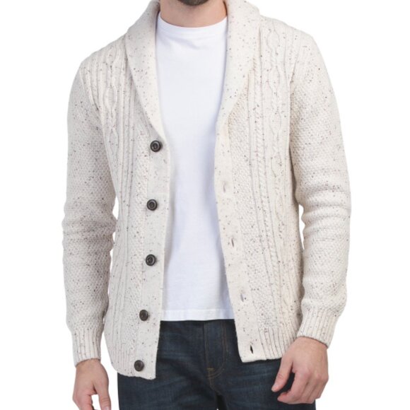 NEW RORIE WHELAN men Cardigan Sweater With Cable Knit Details White/Brown 362tn - Picture 1 of 5